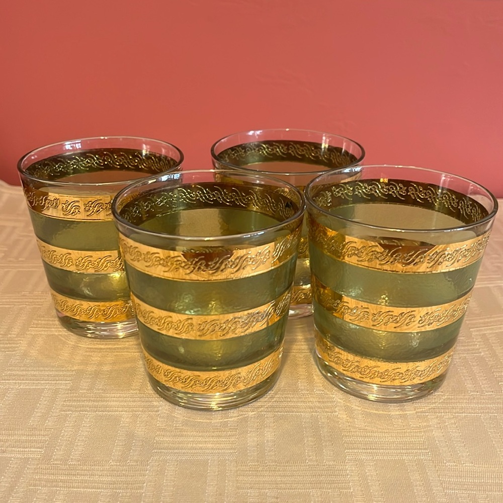 VTG Culver Starlyte 22K Gold/Green Stripe Drinking Glasses Mid Century Modern